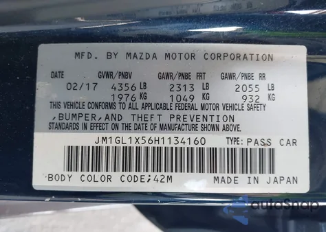 2017 Mazda Mazda6 Grand Touring from USA, damaged, VIN JM1GL1X56H1134160